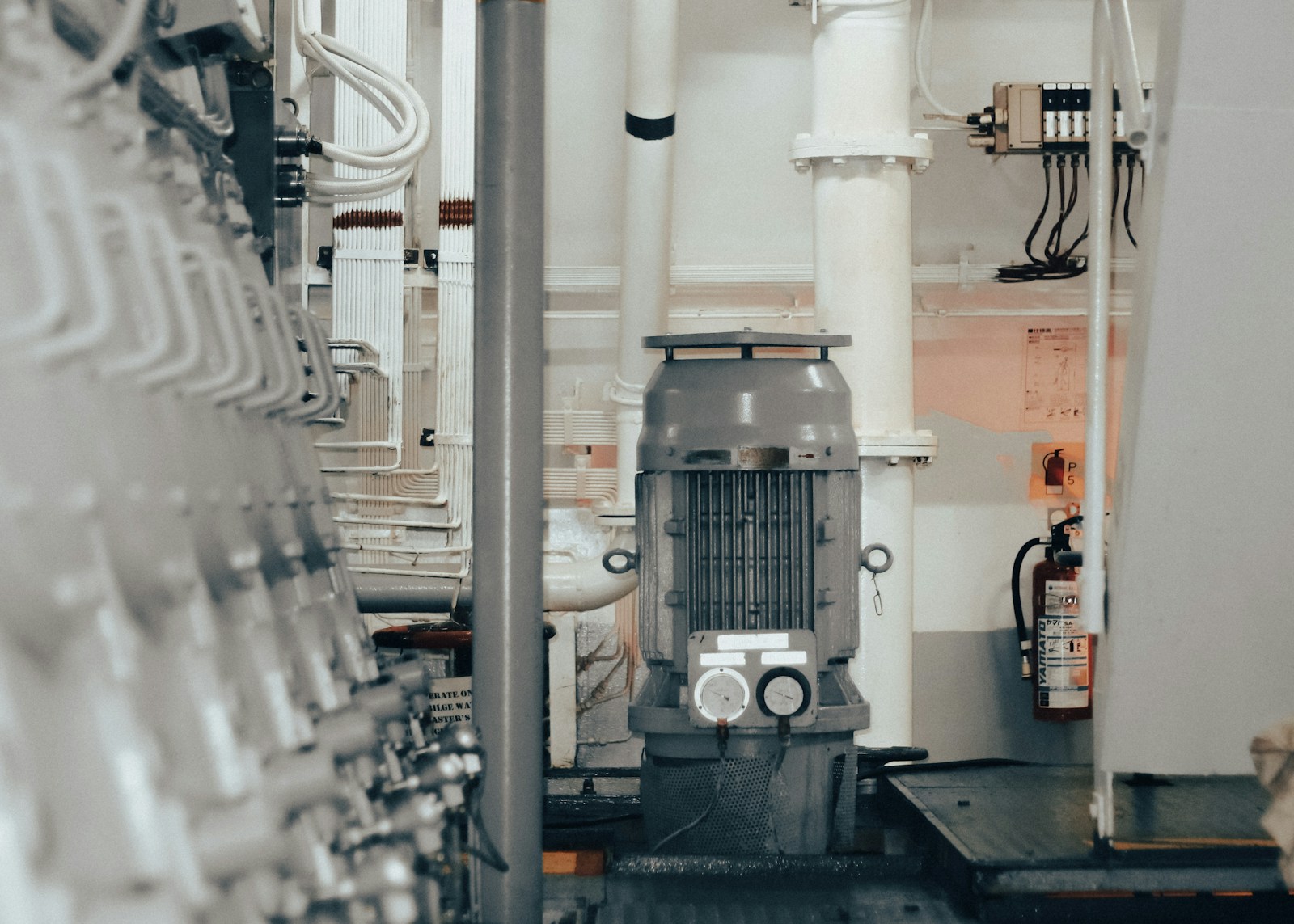Instalación industrial de bombeo de agua con motores, tuberías y equipos de control eléctrico