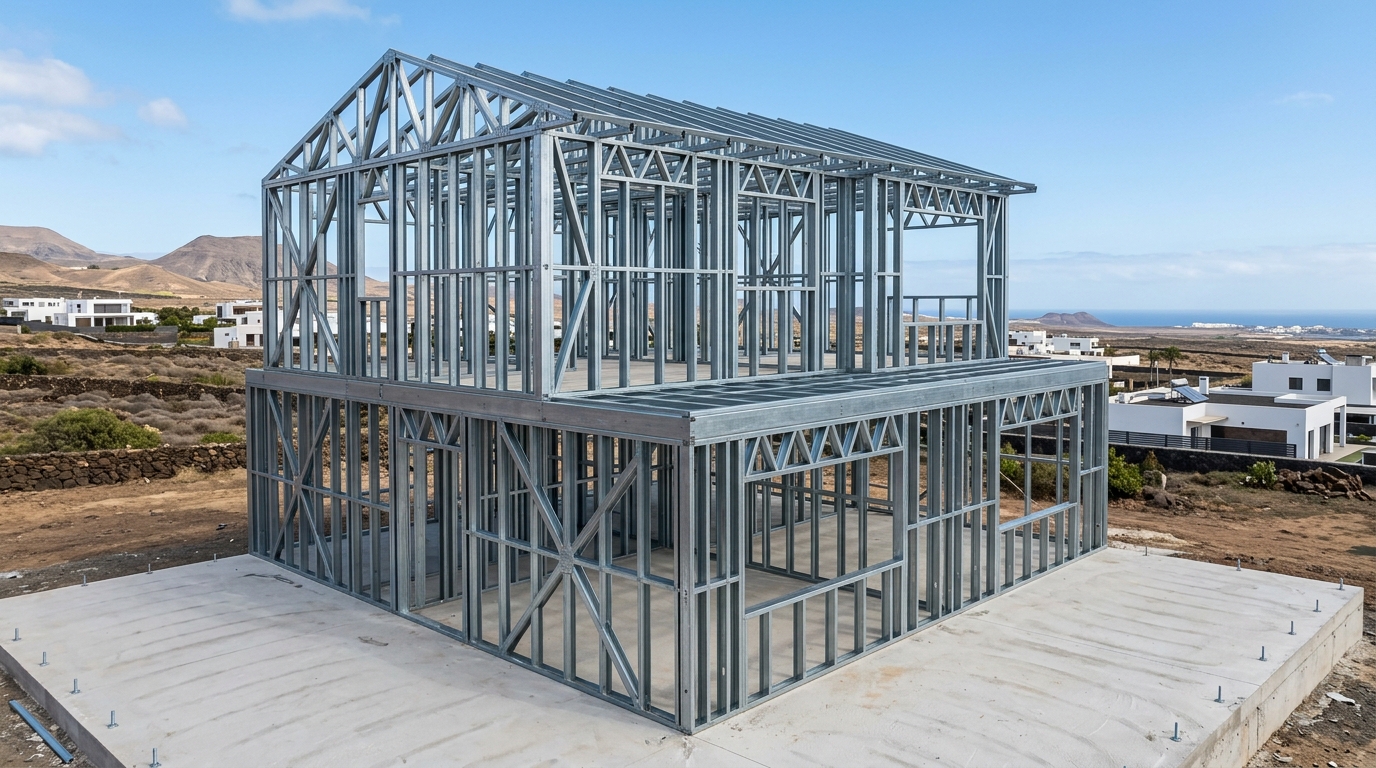 Estructura residencial de entramado ligero Light Steel Frame LSF sobre losa de hormigon en Canarias