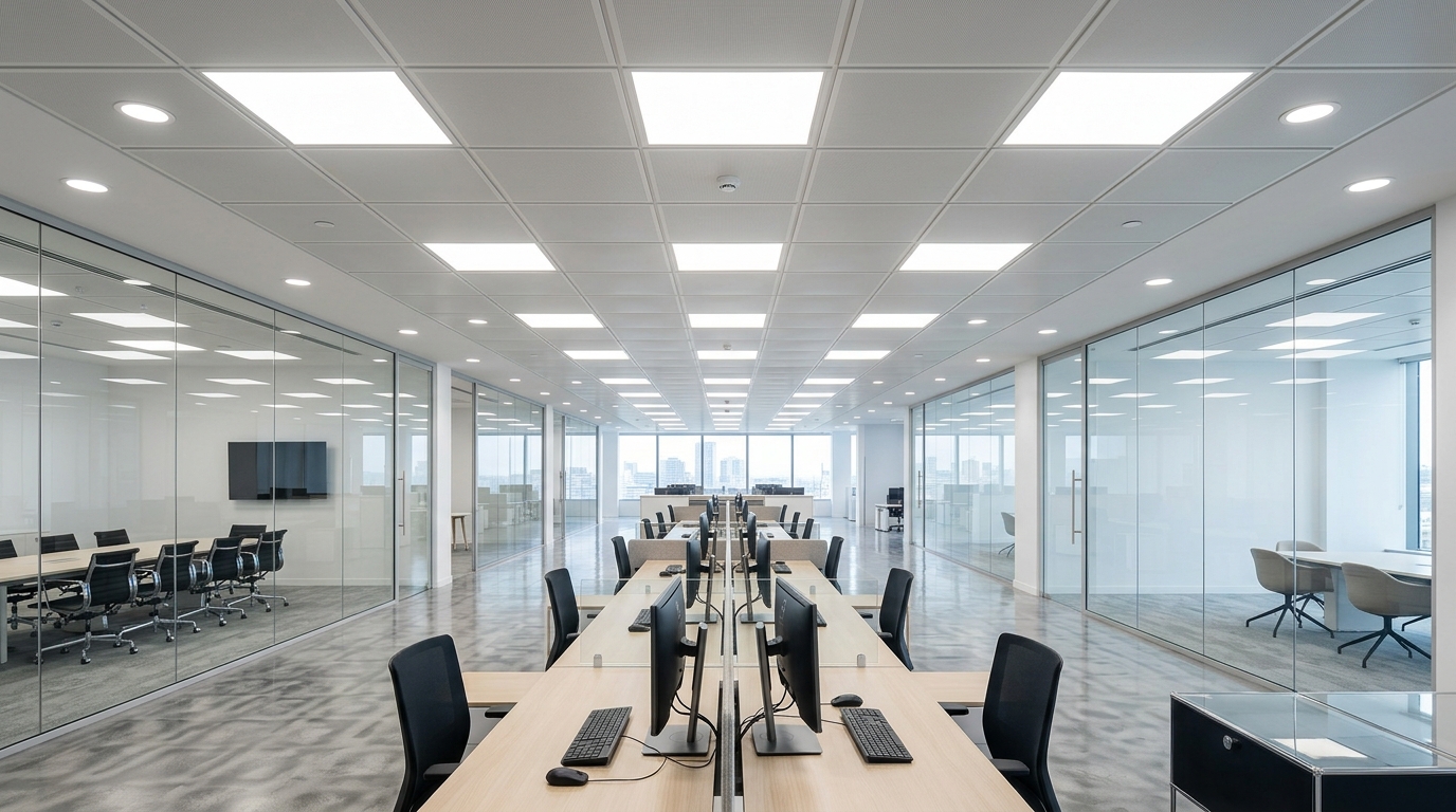 Instalación de paneles LED 60x60 en techo técnico modular de oficinas con iluminación uniforme sin deslumbramiento UGR<19