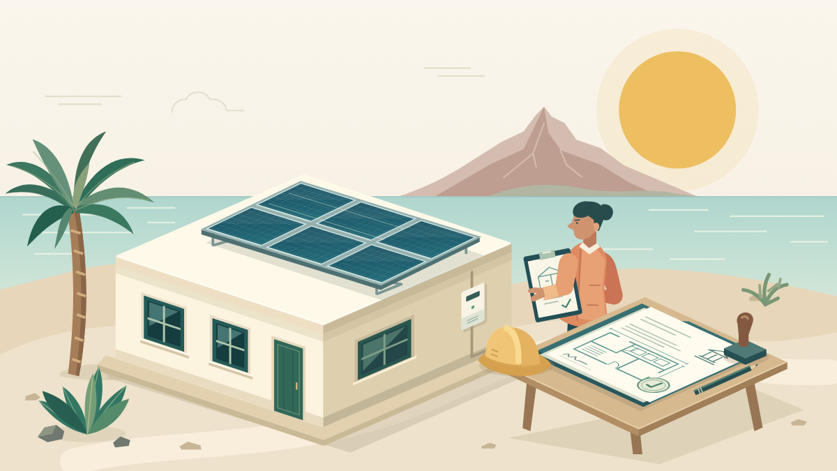 Vivienda con paneles solares en cubierta y mesa técnica con planos de legalización de autoconsumo en Canarias.