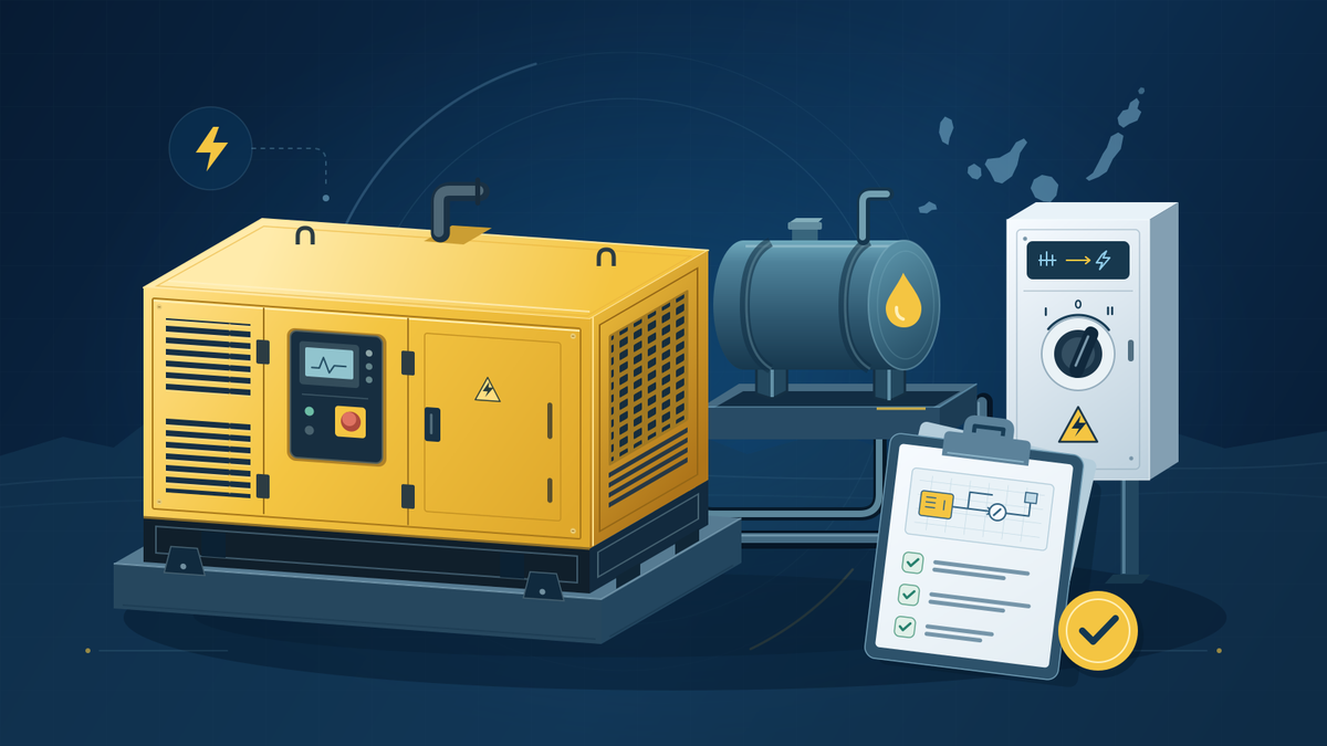 Ilustración técnica de un grupo electrógeno con depósito de combustible, conmutador de transferencia y esquema de legalización en Canarias